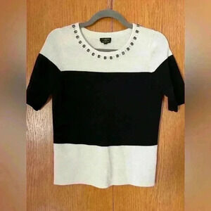 Talbots Merino Wool Short Sleeve Tee Style Sweater Color Block Jewel Trim
